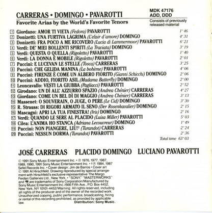 José Carreras, Placido Domingo, Luciano Pavarotti : Favorite Arias By The World's Favorite Tenors (CD, Album, Comp)