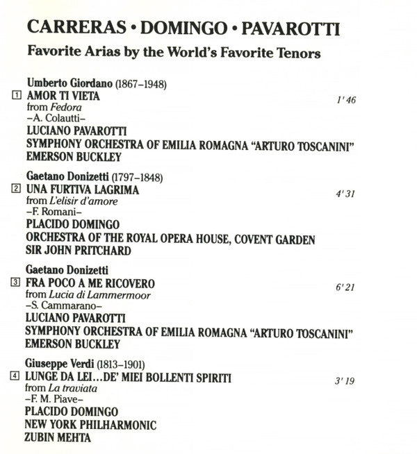 José Carreras, Placido Domingo, Luciano Pavarotti : Favorite Arias By The World's Favorite Tenors (CD, Album, Comp)