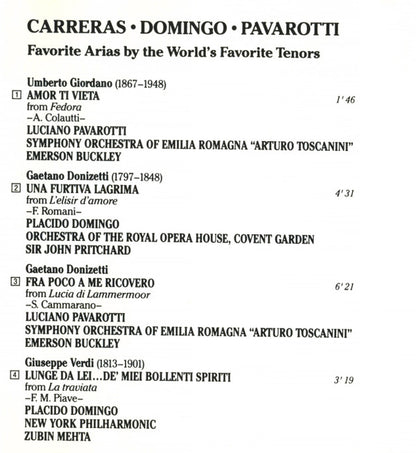 José Carreras, Placido Domingo, Luciano Pavarotti : Favorite Arias By The World's Favorite Tenors (CD, Album, Comp)