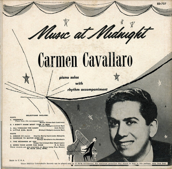 Carmen Cavallaro : Music At Midnight (7", EP, Gat)