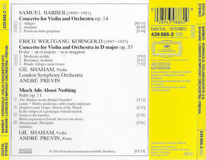 Samuel Barber, Erich Wolfgang Korngold - Gil Shaham, The London Symphony Orchestra, André Previn : Violin Concertos, Much Ado About Nothing - Suite (CD, Album)