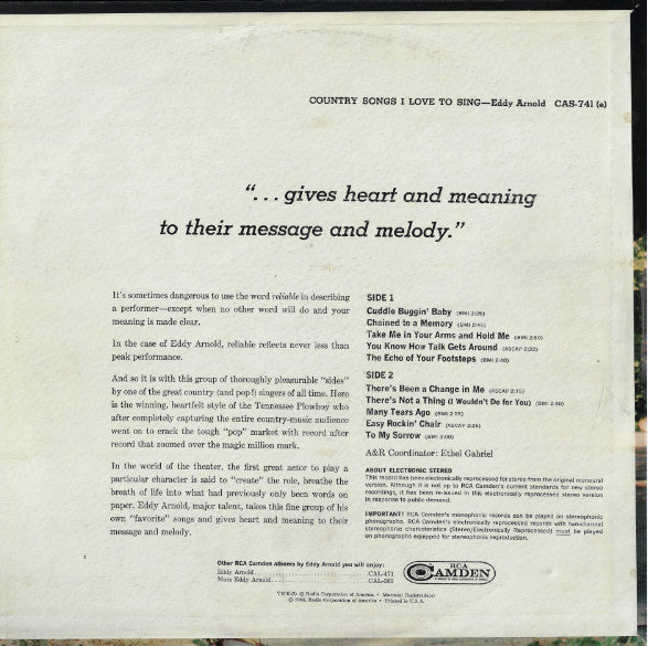 Eddy Arnold : Country Songs I Love To Sing (LP, Album, RE, Ind)