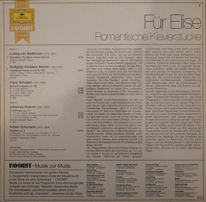 Ludwig Van Beethoven, Franz Schubert, Johannes Brahms, Robert Schumann, Wolfgang Amadeus Mozart, Wilhelm Kempff, Emil Gilels, Jörg Demus, Homero Francesch : Für Elise - Die Schönsten Romantischen Klavierstücke (LP, Comp)