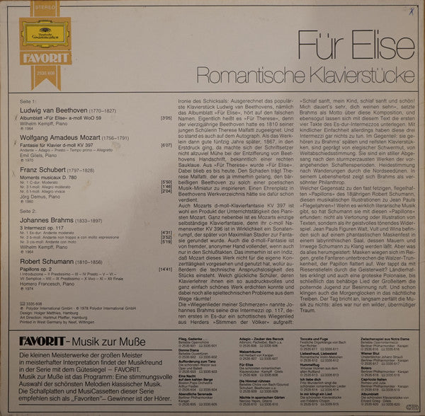 Ludwig Van Beethoven, Franz Schubert, Johannes Brahms, Robert Schumann, Wolfgang Amadeus Mozart, Wilhelm Kempff, Emil Gilels, Jörg Demus, Homero Francesch : Für Elise - Die Schönsten Romantischen Klavierstücke (LP, Comp)