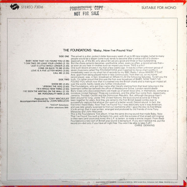 The Foundations : Baby, Now That I've Found You (LP, Album, Glo)