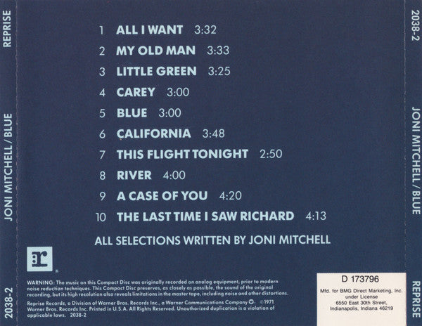 Joni Mitchell : Blue (CD, Album, Club, RE)