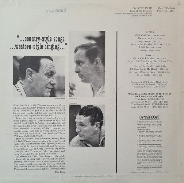 The Sons Of The Pioneers : Country Fare (LP, Album, Mono)