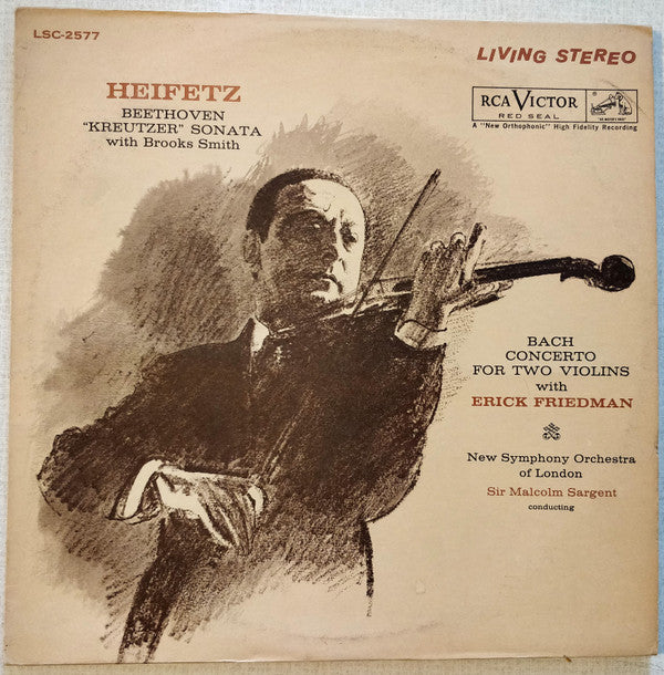 Jascha Heifetz - Ludwig Van Beethoven . Johann Sebastian Bach, Brooks Smith (2) : Sonata No. 9 In A "Kreutzer" / Concerto for Two Violins (LP, RE)
