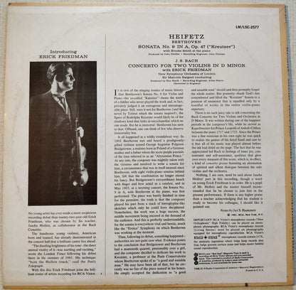 Jascha Heifetz - Ludwig Van Beethoven . Johann Sebastian Bach, Brooks Smith (2) : Sonata No. 9 In A "Kreutzer" / Concerto for Two Violins (LP, RE)
