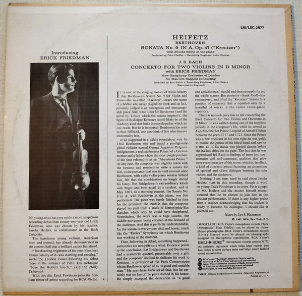 Jascha Heifetz - Ludwig Van Beethoven . Johann Sebastian Bach, Brooks Smith (2) : Sonata No. 9 In A "Kreutzer" / Concerto for Two Violins (LP, RE)