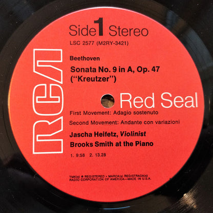 Jascha Heifetz - Ludwig Van Beethoven . Johann Sebastian Bach, Brooks Smith (2) : Sonata No. 9 In A "Kreutzer" / Concerto for Two Violins (LP, RE)