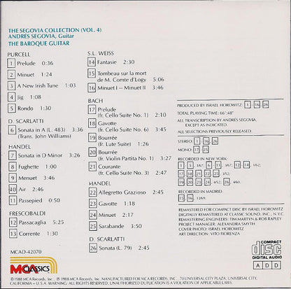 Andrés Segovia - Henry Purcell, Domenico Scarlatti, Georg Friedrich Händel, Girolamo Frescobaldi : The Segovia Collection, Vol. 4: The Baroque Guitar (CD, Comp, RM)