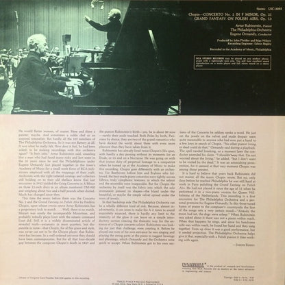 Arthur Rubinstein, The Philadelphia Orchestra, Eugene Ormandy : Frédéric Chopin : Concerto No. 2 In F Minor / Grand Fantasy On Polish Airs (LP, Ind)