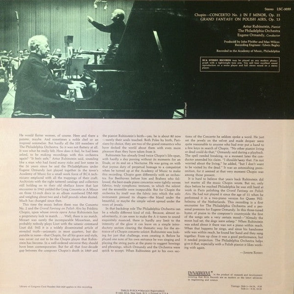 Arthur Rubinstein, The Philadelphia Orchestra, Eugene Ormandy : Frédéric Chopin : Concerto No. 2 In F Minor / Grand Fantasy On Polish Airs (LP, Ind)