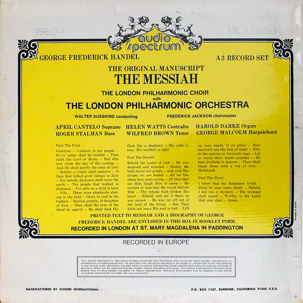 Georg Friedrich Händel, The London Philharmonic Orchestra : The Messiah - The Original Manuscript (3xLP, Album + Box)