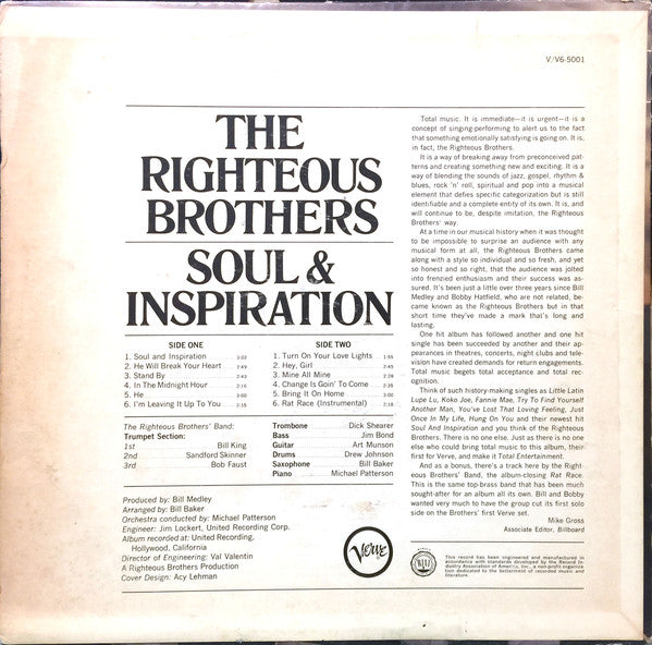 The Righteous Brothers : Soul & Inspiration (LP, Album, Mono)