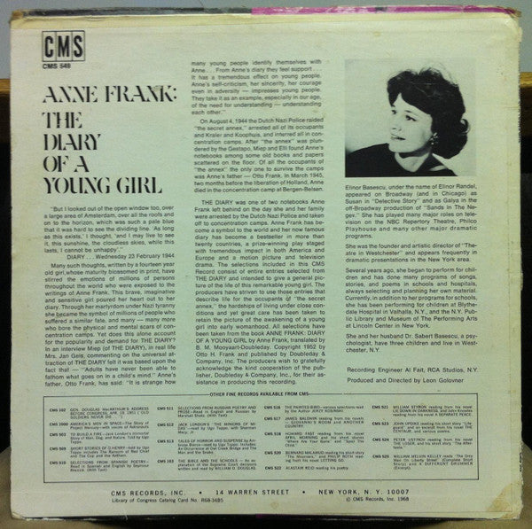 Anne Frank (2) Read By Elinor Basescu : The Diary Of A Young Girl (LP, Album, RE)