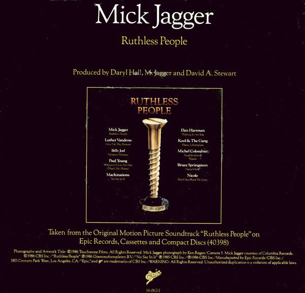 Mick Jagger : Ruthless People (7", Single, Styrene, Pit)