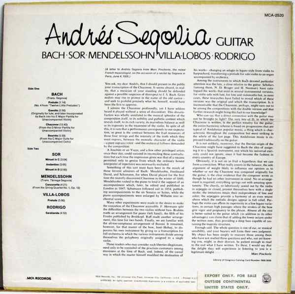 Andrés Segovia / Johann Sebastian Bach And Other Works By Fernando Sor, Felix Mendelssohn-Bartholdy, Heitor Villa-Lobos, Joaquín Rodrigo : Bach: Chaconne (LP, Album, RE)