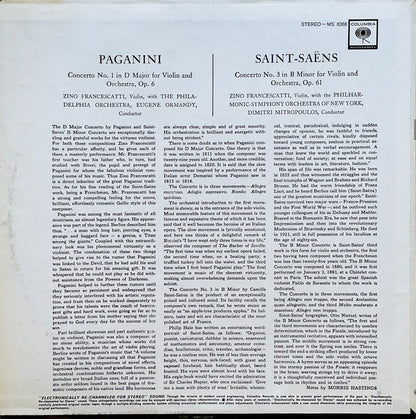 Zino Francescatti Violin - Eugene Ormandy Conducts The Philadelphia Orchestra / Dimitri Mitropoulos Conducts The New York Philharmonic Orchestra / Niccolò Paganini, Camille Saint-Saëns : Paganini Concerto No. 1 In D Major For Violin And Orchestra, Op.6 (LP, RE, Ele)