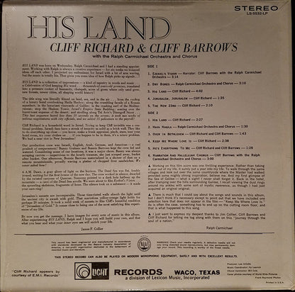 Cliff Richard & Cliff Barrows With Ralph Carmichael Orchestra And The Ralph Carmichael Singers : His Land (LP, Album)