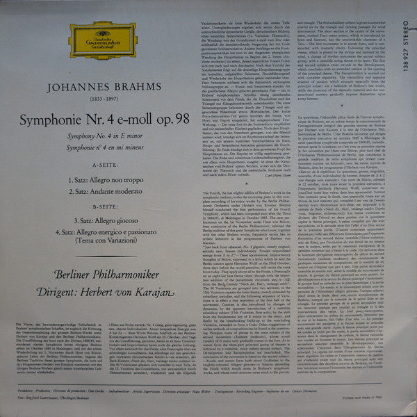 Johannes Brahms, Herbert von Karajan, Berliner Philharmoniker : Symphonie Nr. 4 (LP, RP)