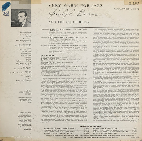 Ralph Burns And The Quiet Herd : Very Warm For Jazz (LP, Album, Mono)