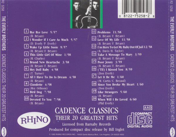Everly Brothers : Cadence Classics -Their 20 Greatest Hits (CD, Comp, RE)