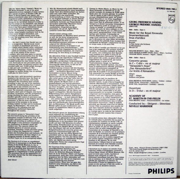 Georg Friedrich Händel - The Academy Of St. Martin-in-the-Fields, Sir Neville Marriner : Music For The Royal Fireworks / Concerto Grosso "Alexander's Feast" / Ouverture In D (LP)