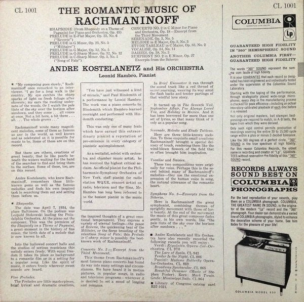 Sergei Vasilyevich Rachmaninoff / André Kostelanetz And His Orchestra : Leonid Hambro : The Romantic Music Of Rachmaninoff (LP)