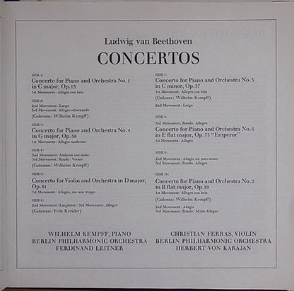 Ludwig van Beethoven - Ferdinand Leitner, Herbert Von Karajan, Berliner Philharmoniker, Wilhelm Kempff, Christian Ferras : Concertos (5xLP, Aut + Box, Comp)