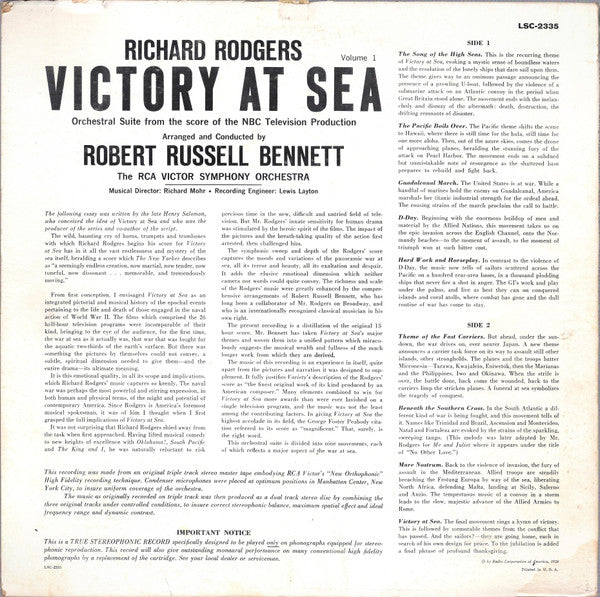 Richard Rodgers / Robert Russell Bennett / RCA Victor Symphony Orchestra : Victory At Sea Volume 1 (LP, Album, Ind)