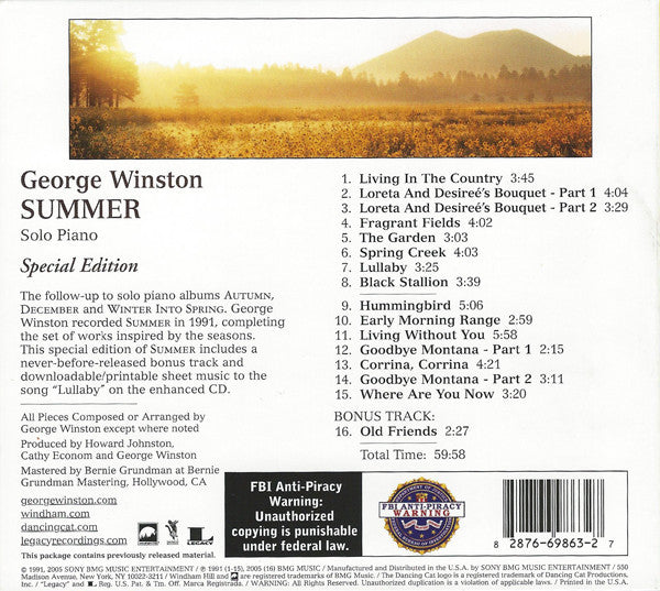 George Winston : Summer (Solo Piano) (CD, Album, Enh, RE, S/Edition)