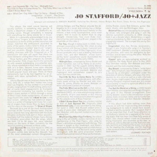 Jo Stafford : Jo + Jazz (LP, Album, Mono)
