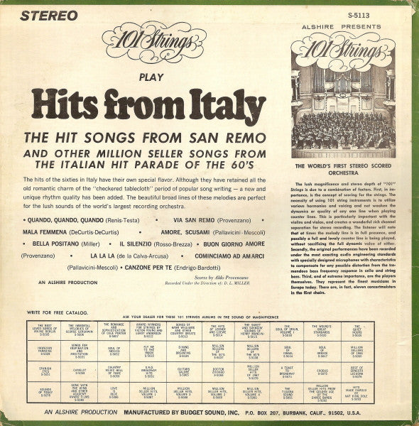 101 Strings : Million Seller Hits From Italy (LP, Album)