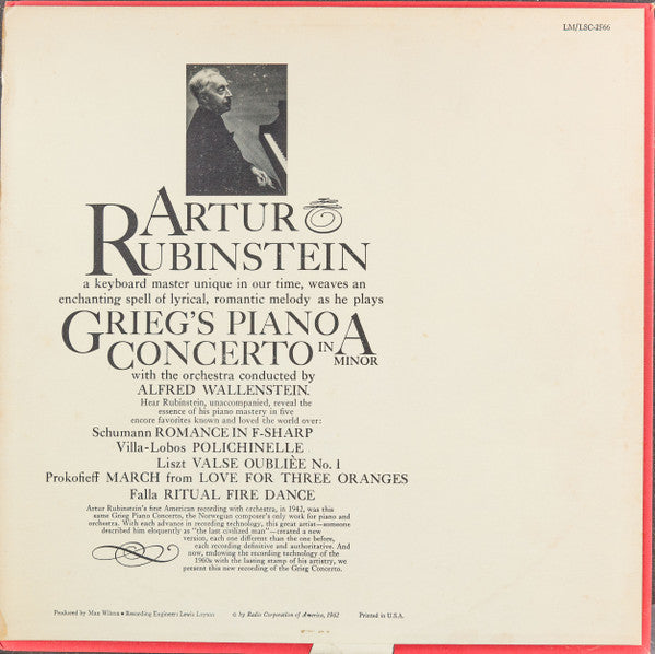 Arthur Rubinstein, Alfred Wallenstein, Edvard Grieg, Manuel De Falla, Franz Liszt, Robert Schumann, Sergei Prokofiev, Heitor Villa-Lobos : Grieg Piano Concerto and Favorite Encores (LP, Ind)