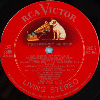Arthur Rubinstein, Alfred Wallenstein, Edvard Grieg, Manuel De Falla, Franz Liszt, Robert Schumann, Sergei Prokofiev, Heitor Villa-Lobos : Grieg Piano Concerto and Favorite Encores (LP, Ind)