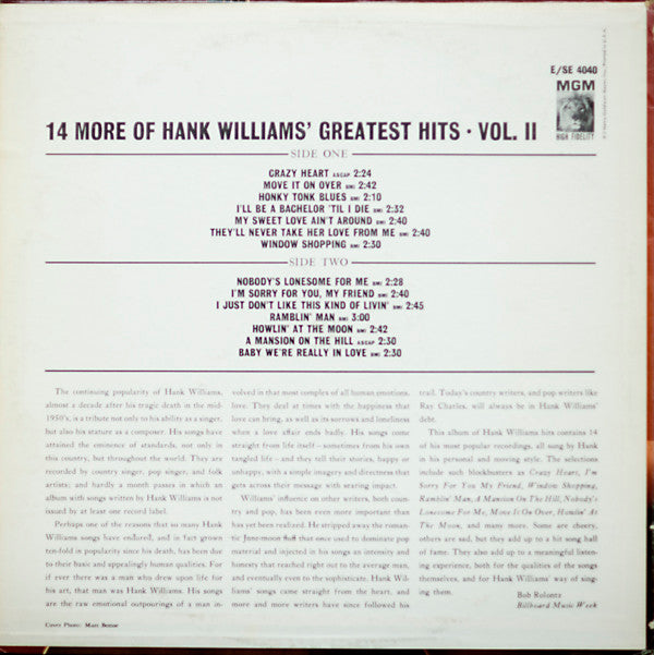 Hank Williams : 14 More Of Hank Williams' Greatest Hits Vol. II (LP, Comp, Club, RE)