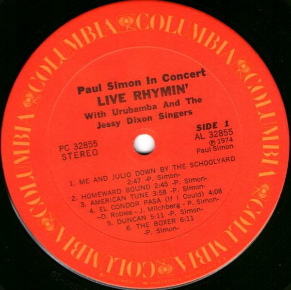 Paul Simon With Urubamba And The Jessy Dixon Singers : Paul Simon In Concert Live Rhymin' (LP, Album, Ter)