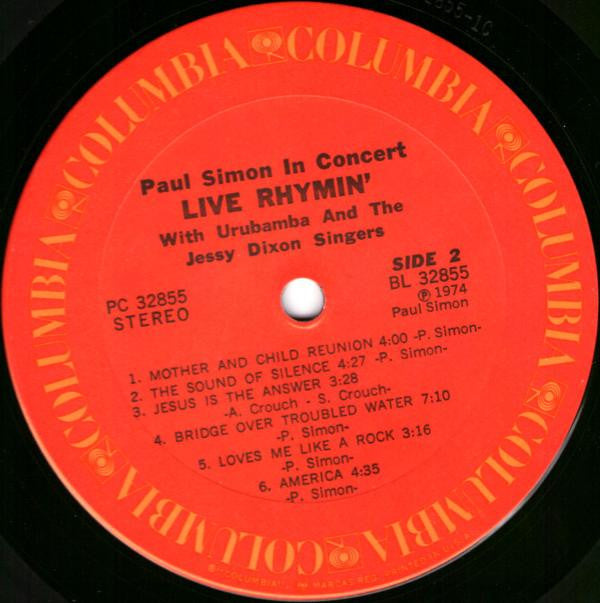 Paul Simon With Urubamba And The Jessy Dixon Singers : Paul Simon In Concert Live Rhymin' (LP, Album, Ter)