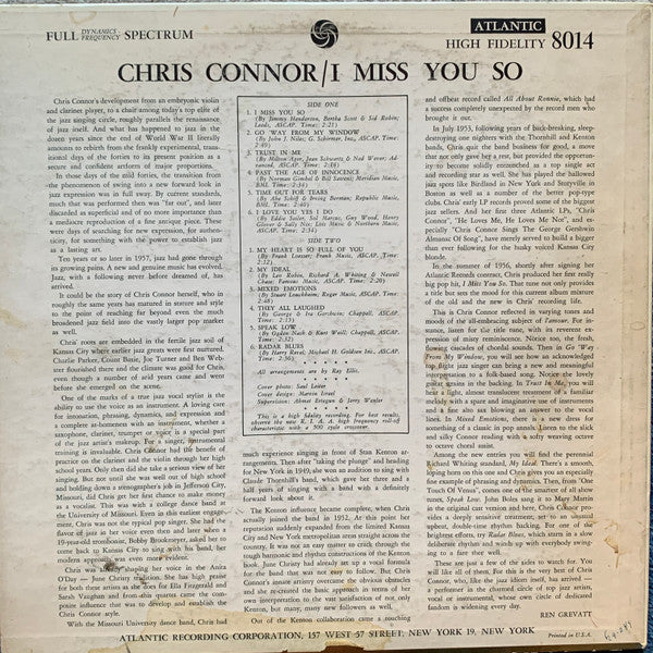 Chris Connor : I Miss You So (LP, Album, Mono)