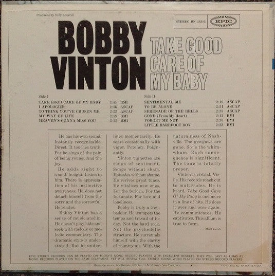 Bobby Vinton : Take Good Care Of My Baby (LP, Album, Pit)