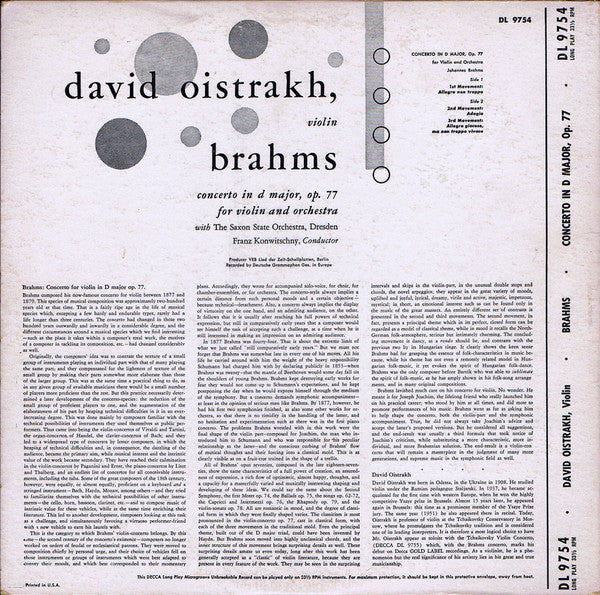 Johannes Brahms / David Oistrach, Staatskapelle Dresden, Franz Konwitschny : Concerto For Violin And Orchestra In D Major Op 77 (LP, Mono)