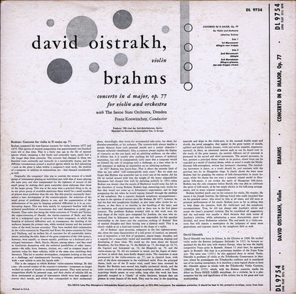 Johannes Brahms / David Oistrach, Staatskapelle Dresden, Franz Konwitschny : Concerto For Violin And Orchestra In D Major Op 77 (LP, Mono)