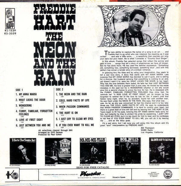Freddie Hart : The Neon And The Rain (LP, Album, Mono)