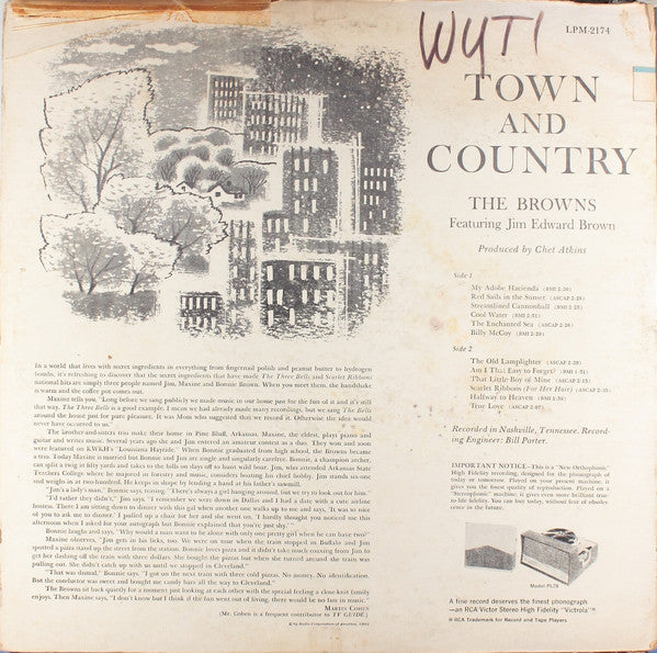 The Browns (3) Featuring Jim Ed Brown : Town & Country (LP, Album, Mono, Ind)