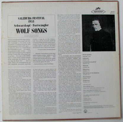 Elisabeth Schwarzkopf - Wilhelm Furtwängler : Salzburg Festival 1953 - Wolf Songs (LP, Album, Mono)