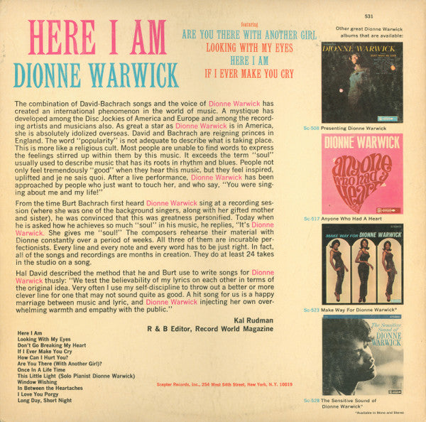 Dionne Warwick : Here I Am (LP, Album, Mono)