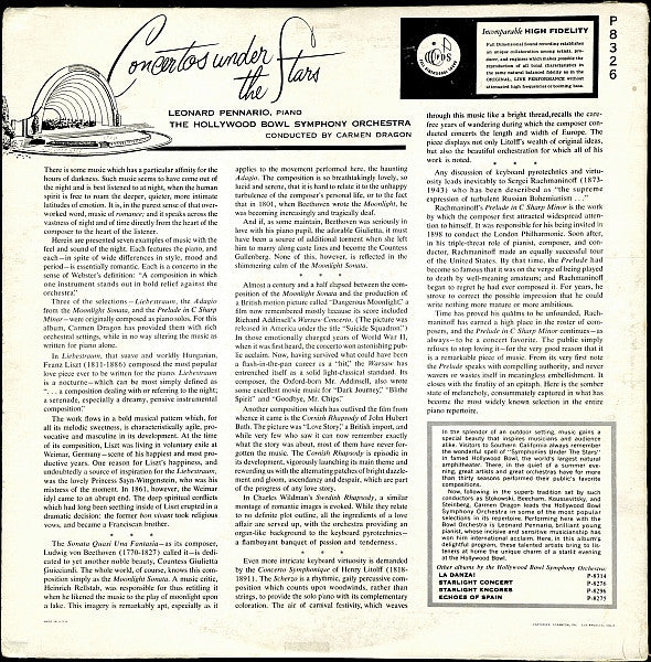 Leonard Pennario, The Hollywood Bowl Symphony Orchestra, Carmen Dragon : Concertos Under The Stars (LP, Mono)