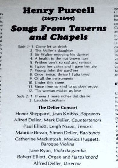 Deller Consort Directed By Alfred Deller : Henry Purcell: Songs From Taverns And Chapels (LP, RE)
